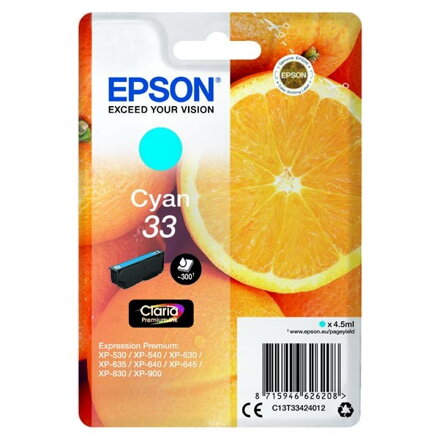 Epson originál ink C13T33424012, T33, cyan, 4,5ml, Epson Expression Home a Premium XP-530,630,635,830, azurová