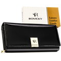 Skórzany, duży portfel damski w czarnym kolorze zamykany na zatrzask - Rovicky