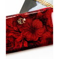 Portfel-piórnik damski wykonany ze skóry ekologicznej w czerwonym kolorze, pokryty kwiatowym wzorem - Rovicky