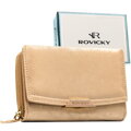 Beżowy, poziomy portfel damski ze skóry ekologicznej zamykany na zatrzask - Rovicky