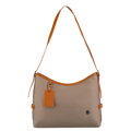 Beżowa listonoszka damska z poliestru i skóry ekologicznej wyposażona w kieszonkę zewnętrzną - Peterson