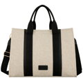Duży shopper damski w beżowo-czarnym kolorze wykonany z włókna pomialidowego i skóry ekologicznej - Rovicky