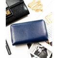 Granatowy portfel damski w typie piórnika ze skóry ekologicznej zamykany suwakiem - Peterson
