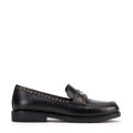 Damskie loafersy skórzane z ozdobnymi nitami czarne 99-D-959-1