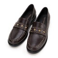 Damskie loafersy skórzane z ozdobnymi nitami brązowe 99-D-959-4