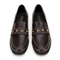 Damskie loafersy skórzane z ozdobnymi nitami brązowe 99-D-959-4