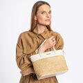 Damski kuferek z plecionki i ekoskóry beżowo - kremowy 100-4Y-412-91