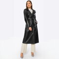 Damski płaszcz skórzany z paskiem czarny 100-09-811-1