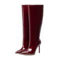 Damskie kozaki ze skóry naturalnej lakierowanej na szpilce bordowe 101-D-405-3