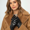 Dámske kožené rukavice s nitmi elegantné čierne 44-6A-707-1