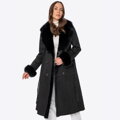 Dwurzędowy damski płaszcz z futrzanym kołnierzem czarny 101-9W-001-1