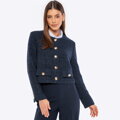 Damska marynarka z tkaniny boucle krótka granatowa 100-9X-501-N