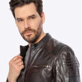 Męska kurtka biker ze skóry owczej ciemny brąz 100-09-809-4