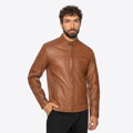 Męska kurtka ze skóry naturalnej ze stójką jasny brąz 101-09-852-5