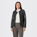Dámska čierna kožená bunda s peplum strihom 102-09-401-1