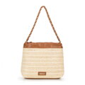 Pleciona torebka crossbody z łańcuszkami beżowo - brązowa 100-4Y-427-95