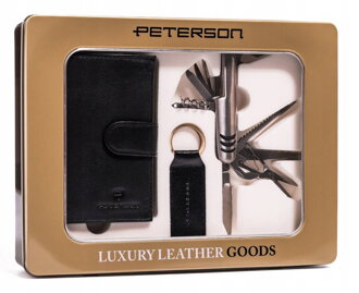 Zestaw prezentowy: duży skórzany portfel męski na zatrzask, scyzoryk i brelok — Peterson