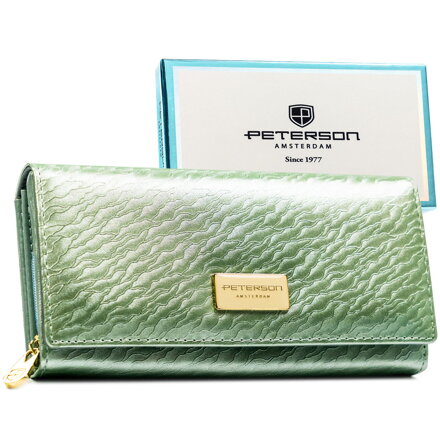 Duży, jasnozielony portfel damski zamykany na zatrzask, wykonany ze skóry naturalnej i ekologicznej - Peterson