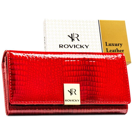 Lakierowany portfel damski ze skóry naturalnej w czerwonym kolorze zamykany na zatrzask - Rovicky Lakierowany portfel damski ze skóry naturalnej w czerwonym kolorze zamykany na zatrzask - Rovicky