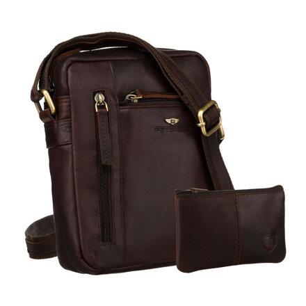 Brązowa, klasyczna, skórzana listonoszka męska z kieszonkami i etui - Peterson