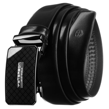 Pasek męski w czarnym kolorze wykonany ze skóry naturalnej z automatyczną klamrą - Peterson Pasek męski w czarnym kolorze wykonany ze skóry naturalnej z automatyczną klamrą - Peterson