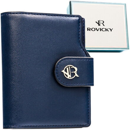Granatowy portfel damski ze skóry ekologicznej zamykany na zatrzask i suwak - Rovicky