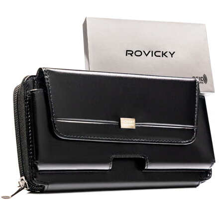 Skórzana, dwukomorowa, czarna saszetka męska z systemem RFID - Rovicky