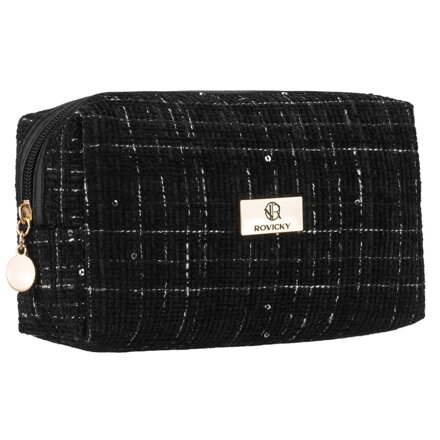 Czarna, pojemna kosmetyczka damska wykonana z materiału syntetycznego, zamykana suwakiem - Rovicky