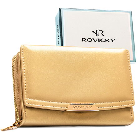Średni, ciemnobeżowy portfel damski ze skóry ekologicznej, model mieszczący dowód rejestracyjny - Rovicky
