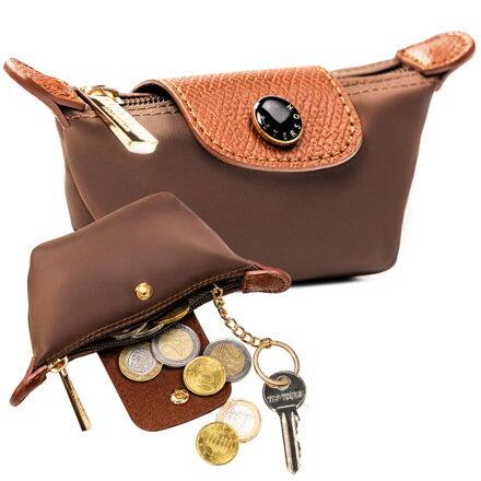 Etui na klucze z poliestru i skóry ekologicznej w brązowym kolorze, zamykane na zatrzask i suwak - Peterson