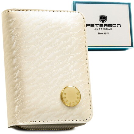Mały portfel damski w kolorze ecru zamykany na zatrzask i suwak, wykonany ze skóry naturalnej i ekologicznej - Peterson