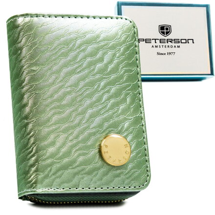 Mały portfel damski w jasnozielonym kolorze zamykany na zatrzask i suwak, wykonany ze skóry naturalnej i ekologicznej - Peterson