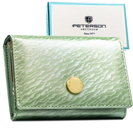 Średni portfel damski w jasnozielonym kolorze zamykany na zatrzask, wykonany ze skóry naturalnej i ekologicznej - Peterson