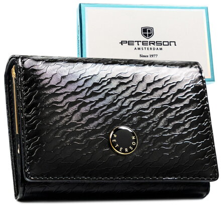 Średni portfel damski w czarnym kolorze zamykany na zatrzask, wykonany ze skóry naturalnej i ekologicznej - Peterson