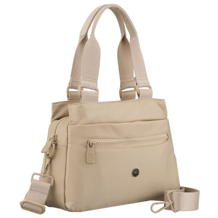 Beżowa, praktyczna listonoszka damska z poliestru zawieszona na uchwytach i doczepianym pasku - Peterson