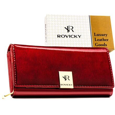 Skórzany, duży portfel damski w czerwonym kolorze zamykany na zatrzask - Rovicky