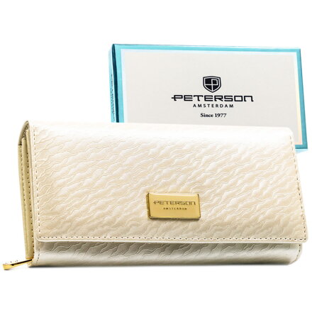 Duży portfel damski w kolorze ecru zamykany na zatrzask, wyposażony w system RFID - Peterson