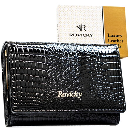 Średni, czarny portfel damski ze skóry naturalnej zamykany zatrzaskiem - Rovicky Średni, czarny portfel damski ze skóry naturalnej zamykany zatrzaskiem - Rovicky