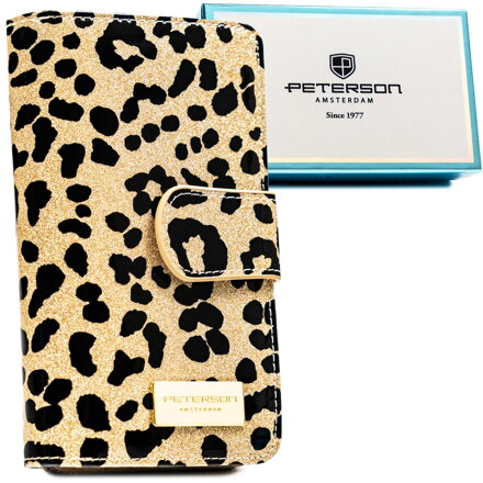 Złoty, pionowy portfel damski ze skóry ekologicznej i naturalnej w cętki, wyposażony w system RFID - Peterson