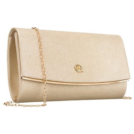 Wizytowa, złota torebka damska wykonana z tkaniny syntetycznej zamykana klipsem magnetycznym - Rovicky Wizytowa, złota torebka damska wykonana z tkaniny syntetycznej zamykana klipsem magnetycznym - Rovicky