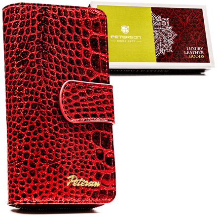 Czerwony portfel damski ze skóry naturalnej zamykany na suwak i zatrzask, wyposażony w system RFID - Peterson