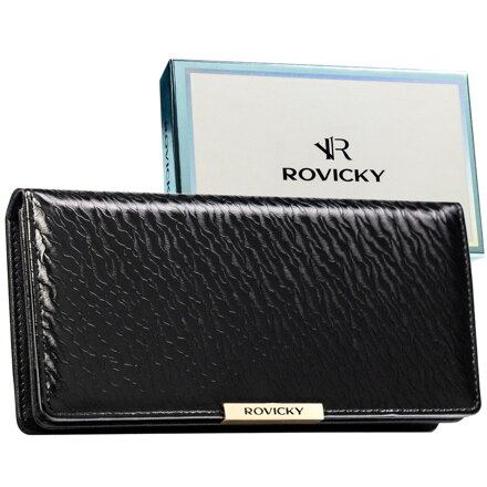 Duży portfel damski ze skóry ekologicznej w czarnym kolorze zamykany na zatrzask - Rovicky