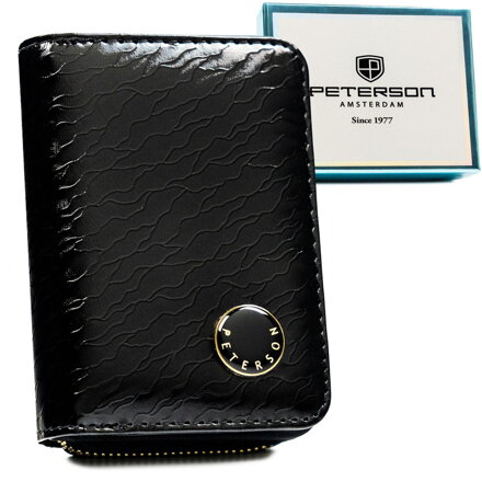 Mały portfel damski w czarnym kolorze zamykany na zatrzask i suwak, wykonany ze skóry naturalnej i ekologicznej - Peterson