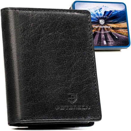 Pionowy portfel męski ze skóry naturalnej w czarnym kolorze, model bez zapięcia zewnętrznego - Peterson