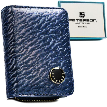Niebieski, mały portfel damski zamykany na zatrzask i suwak, wykonany ze skóry naturalnej i ekologicznej - Peterson