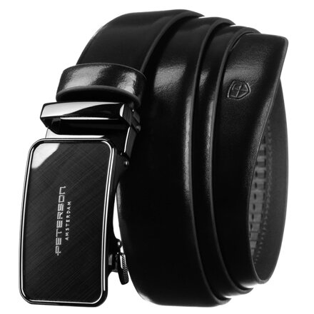 Elegancki pasek męski ze skóry naturalnej w czarnym kolorze z automatyczną, srebrną klamrą - Peterson Elegancki pasek męski ze skóry naturalnej w czarnym kolorze z automatyczną, srebrną klamrą - Peterson