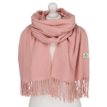 Duży szal damski w różowym kolorze, ozdobiony frędzlami - Peterson