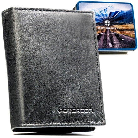 Pionowy, czarny portfel męski ze skóry naturalnej wyposażony w system RFID - Peterson