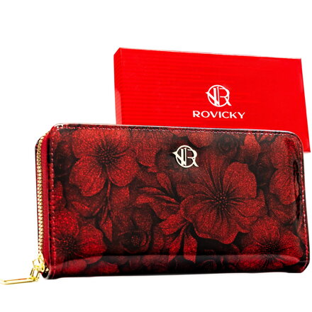 Portfel-piórnik damski wykonany ze skóry ekologicznej w czerwonym kolorze, pokryty kwiatowym wzorem - Rovicky