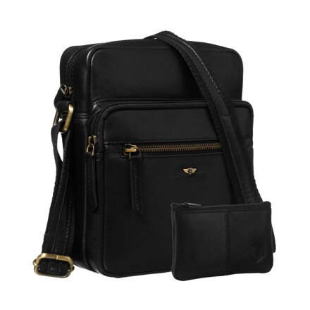 Miejska, czarna torba męska ze skóry naturalnej zawieszona na regulowanym pasku - Peterson